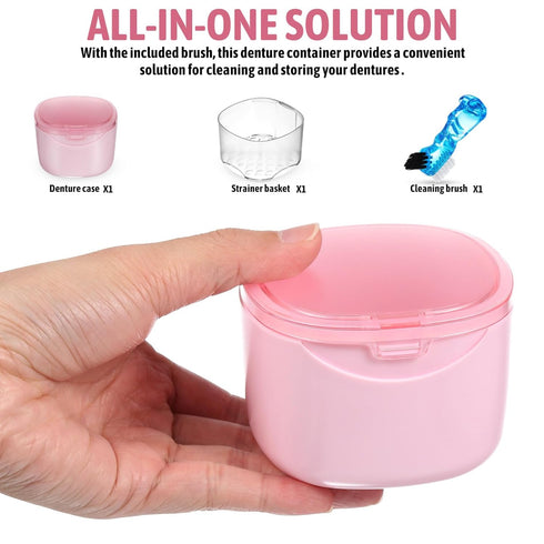 FOMIYES Leak-Proof Bath with Cleaner Brush and Retainer Holder Box, Complete Clean Care for Dentures, Braces (Pink)