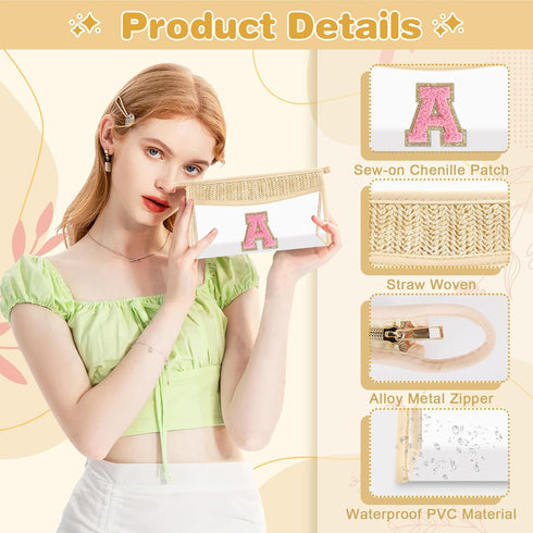 Personalized Small Boho Straw Initial Letter Makeup Bag, Cute Clear Chenille Patch Zipper Bag, Trendy TSA Travel Bag,