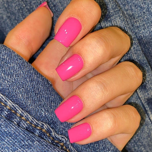 Neon Pink Press on Nails, Short Square Natural Gel Nails, 48Pcs Thick Reusable Fake Nails for Women