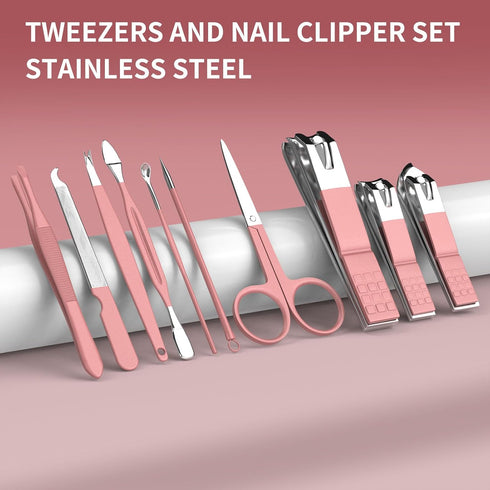 ZIZZON Mini Travel Manicure Set, 10 in 1 Stainless Steel Nail Clipper Grooming Kit with Case, Pink