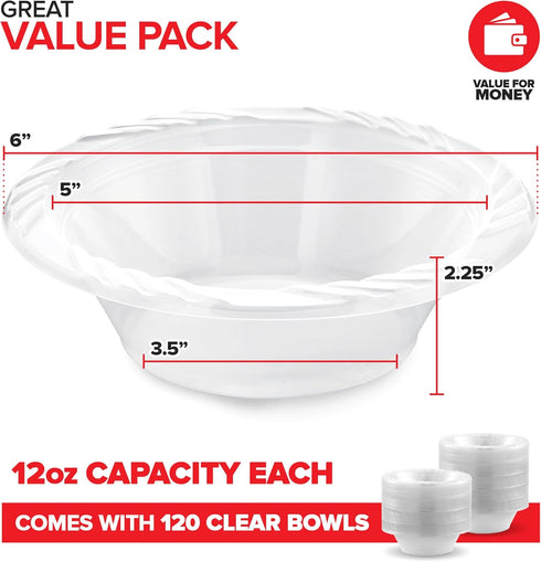 120 Pack 12 oz Elegant Clear Plastic Bowls for Parties Small Disposable Bowl for Fancy Dinner or Cocktail Party, Soup and Salad, Thick and Sturdy by Stock Your Home