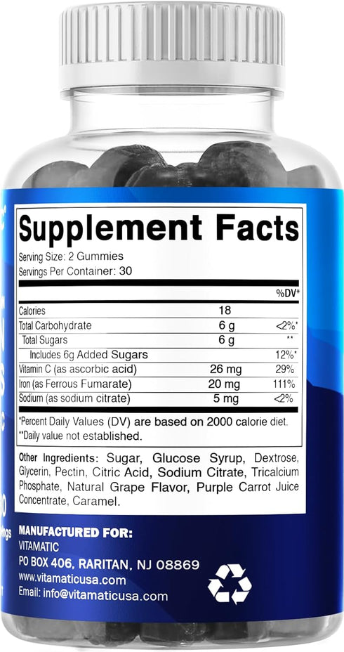Vitamatic Iron Gummies Supplement - 60 Vegan Gummies for Women & Men, 20mg Serving with Vitamin C