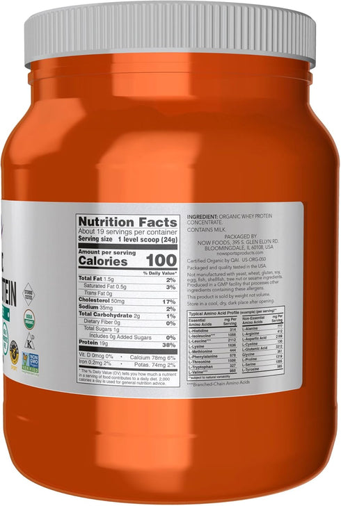 NOW Foods Sports Nutrition - Certified Organic Whey Protein, 19 g Unflavored Powder, 1-Pound
