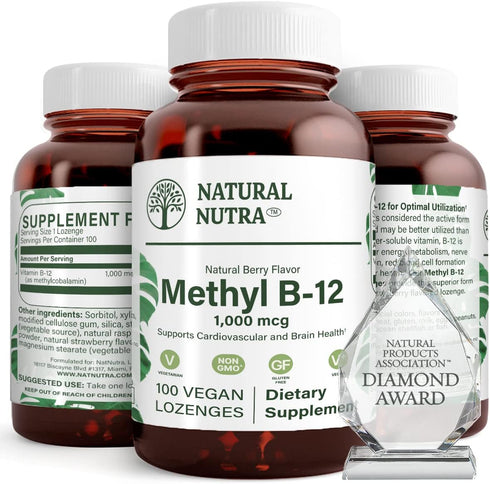 Natural Nutra Vegan Methyl B12 1000mcg, Heart Health Energy Booster, 100 Vegan Lozenges