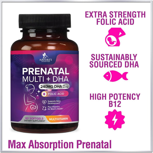 Women's Prenatal Multivitamin with Folic Acid + DHA, 60 Softgels for Fetal Support, Non-GMO