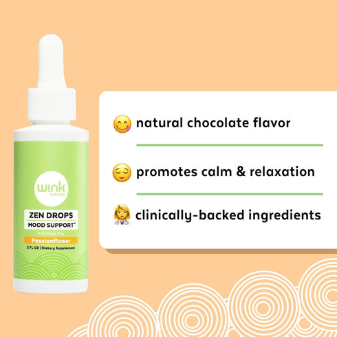 Wink Well Zen Drops Supplements, Mood Support for Adults and Kids, Non-Habit Forming (2 fl oz, Chocolate Flavor)