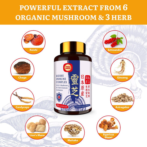 Japanese Reishi Mushroom Complex Supplement 1500mg - Organic Mushroom Capsules for Immune, Brain & Energy Support