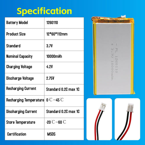 Qimoo 1260110 3.7V 10000mAh 1260110 Pack PH2.0mm Lipo Battery Rechargeable Lithium Polymer Battery with JST Connector