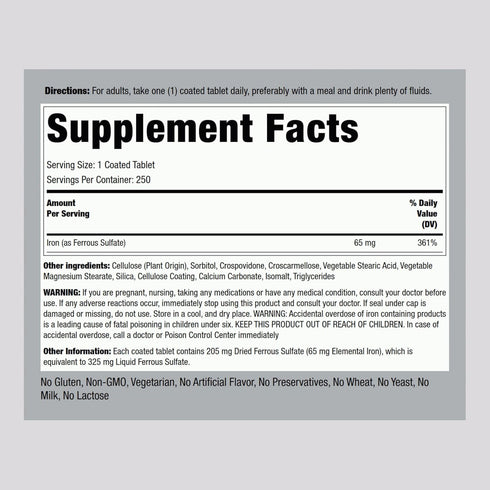 Iron Ferrous Sulfate 65 mg | 250 Tablets | Iron Supplement | High Potency Formula | Vegetarian, Non-GMO, Gluten Free | by Piping Rock