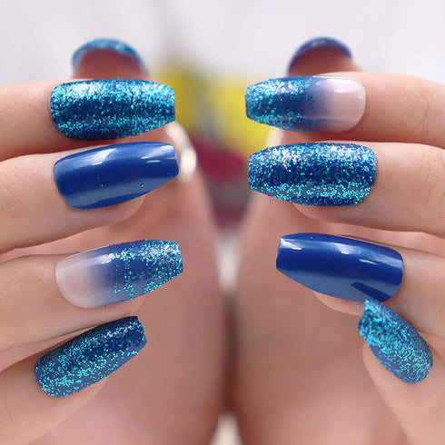 MISUD Press on Nails - Medium Coffin Glue on Nails, Blue Ombre, Acrylic Bling Glitter Design, 24 pcs