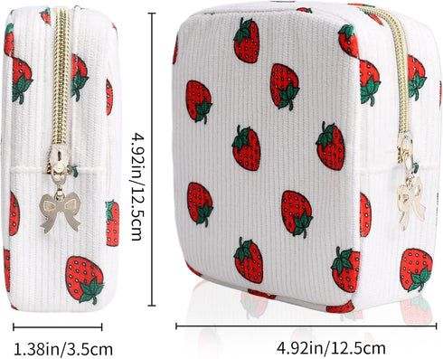 Teircno Period Bag for Women, Portable Corduroy Sanitary Napkin Storage Bag Strawberry Period Pouch with Zipper