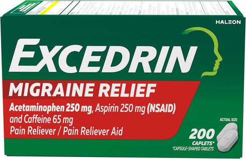 Excedrin Migraine Relief Caplets for Symptoms, 200 Count - Acetaminophen 250mg, Aspirin 250mg, Caffeine 65mg