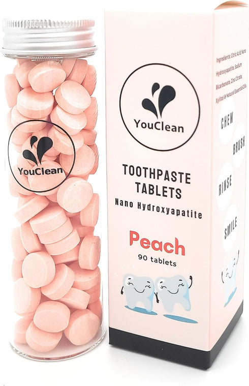 90 Toothpaste Tablets in Refill/Recycle Glass Tube, Travel and Daily Use, Nano Hydroxyapatite, Vegan (Peach90)