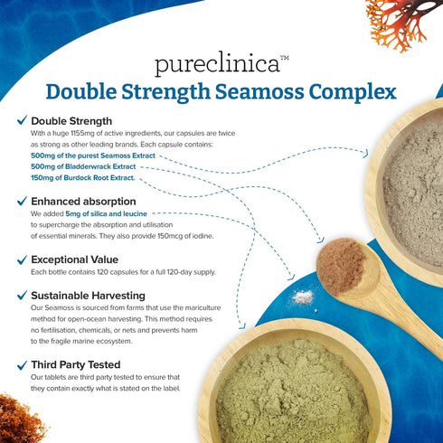 pureclinica Double Strength Seamoss Complex, 1155mg x 240 Capsules (2 Bottles of 120), 8 Months Supply