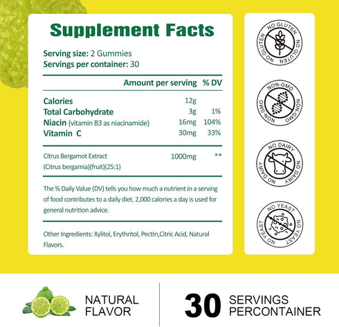 Citrus Bergamot Gummies for Healthy Cholesterol - All Natural 25:1 Extract from Italy, 60 Counts