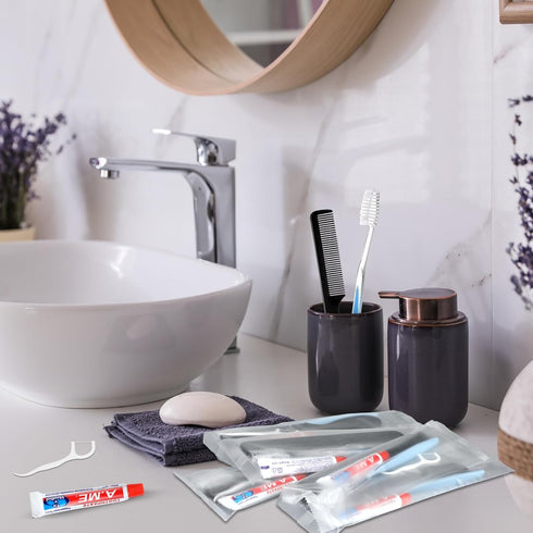 50 Sets Disposable Toothbrushes with Toothpaste, Floss, and Comb for Travel, Individually Wrapped Hygiene Kits