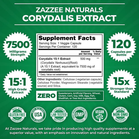 Zazzee Extra Strength Corydalis 15:1 Extract, 7500 mg Strength, 120 Vegan Capsules, Non-GMO