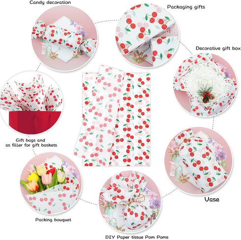 60 Sheet Cherry Tissue Paper 28 * 20 Inch Summer Fruit Design for Gift Wrapping and DIY Crafts Decorations