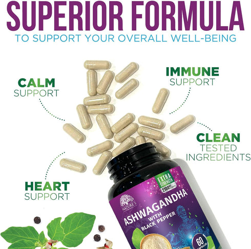 Nature's Strength 60 Ashwagandha Supplements - High-Absorption Ashwagandha Root Extract Powder with Black Pepper