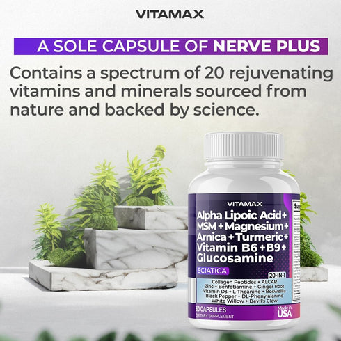 Sciatica Nerve Health Support Supplement Capsules with Folic Acid, Glucosamine, MSM & Vitamin B Complex (60 Count)