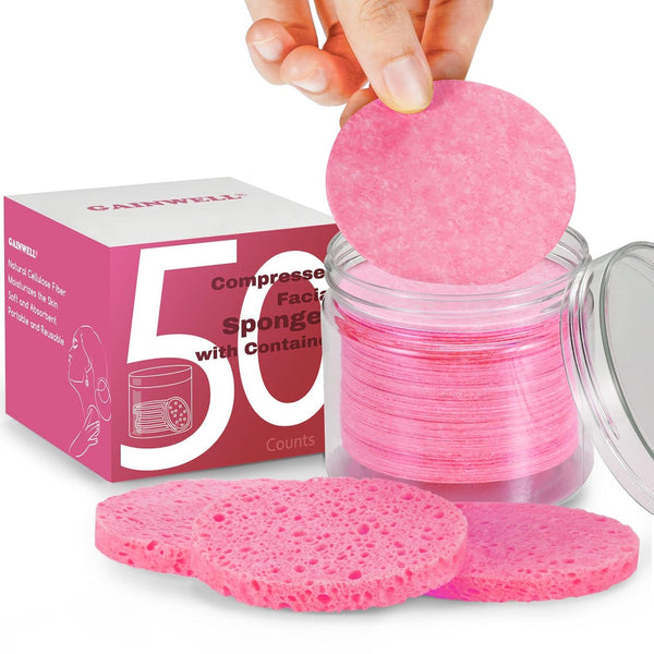 50-Count Compressed Facial Sponges - Reusable Makeup Remover with Storage Container, Portable for Travel, Pink