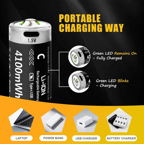 LDSMNLI 4100mWh 1.5V (4 Pack) Rechargeable Lithium C Batteries with USB-C Charging Cable, C Cell Lithium Batteries, C