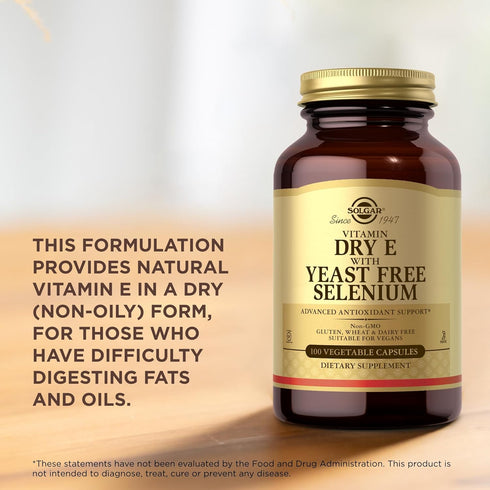 Solgar Dry Vitamin E with Yeast-Free Selenium - 100 Vegetable Capsules - Advanced Antioxidant Support, Non-GMO