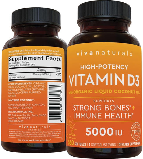 Viva Naturals D3 Vitamin Softgels, 5000 IU (125 mcg), 360 Softgels, High Potency for Immune Function & Bone Health