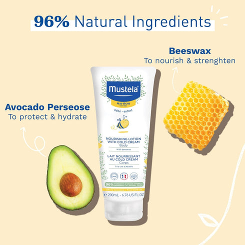 Mustela Baby Nourishing Lotion, Daily Body Lotion for Dry Skin with Natural Avocado, Cold Cream & Beeswax, 6.76 fl. oz.