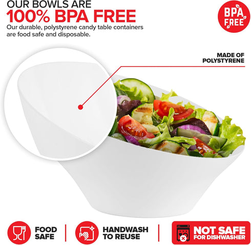 54oz White Plastic Serving Bowls (4 Pack), Large Disposable Snack Bowls for Chips, Popcorn, Salad, Party Supplies