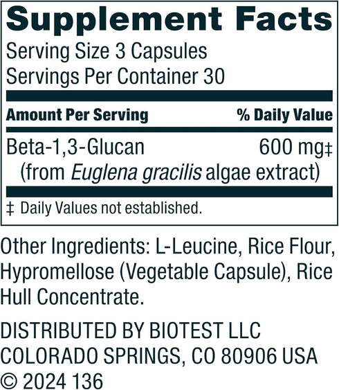 Biotest Beta Glucan Immune-Boosting Fiber, 600mg Euglena Gracilis Algae Source, 90 Capsules, 30 Day Supply
