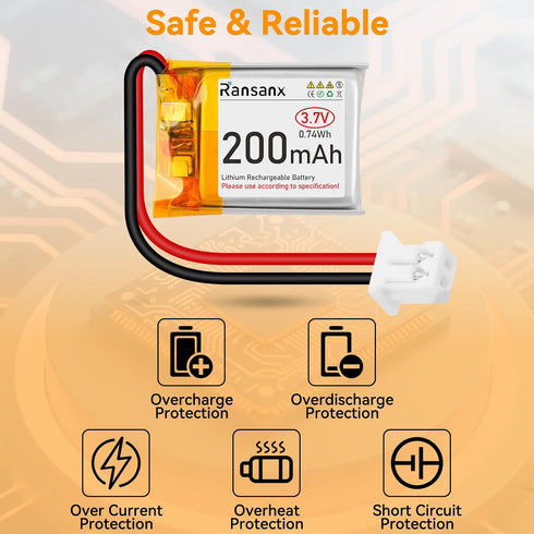 Ransanx 3.7V 200mAh 502025 2.0 (2 Lipo Battery Rechargeable Lithium Polymer Battery with Micro JST Connector Integrated