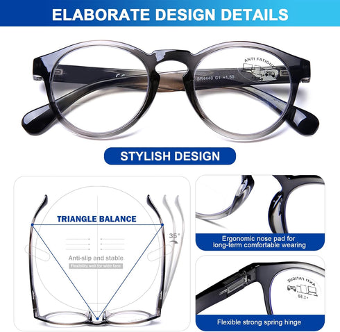 AQWANO Bifocal Reading Glasses, Blue Light Blocking for Men Women, Ultra-Thin Stylish Retro Round Readers, 1.5