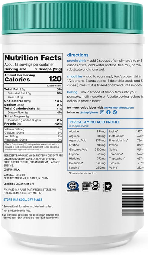 tera's Simply Organic Lactose Free Whey Protein Powder, Bourbon Vanilla Flavor