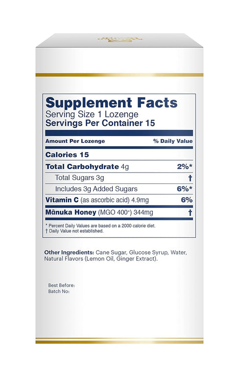 Manuka Health Manuka Honey Lozenges - 15 Lemon and Ginger Flavored Lozenges for Immune Support
