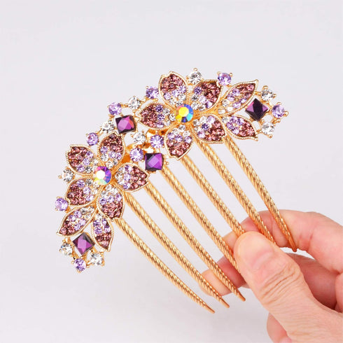 Women Rhinestone Inlaid Flower Hair Comb, Hairpin Barrette Accessory, Perfect Mother's Day Gifts (Purple)