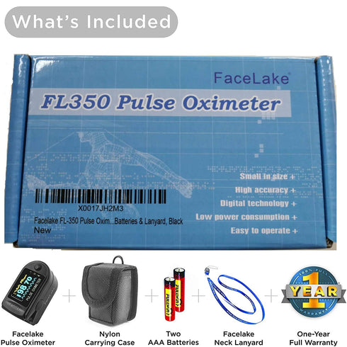 FL-350 Pulse Oximeter with Carrying Case, Batteries & Lanyard, Black