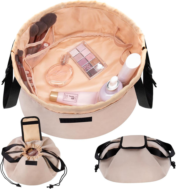 Barrel Drawstring Large Makeup Bag, Portable Travel Cosmetic Organizer for Toiletry Accessories, Khaki