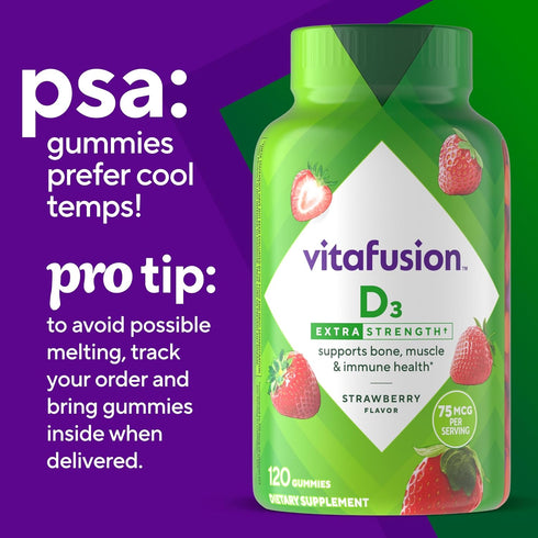 vitafusion Extra Strength Vitamin D3 Gummy, Strawberry Flavored, 120 Count, Bone and Immune System Support