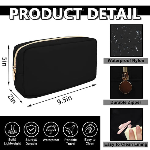 Waterproof Small Makeup Bag Pouch for Purse,Nylon Travel Toiletry Storage Bag Cute Preppy Cosmetic Bag for Women Girl,Waterproof Makeup Organizer Bag Skincare Bag Purse with Zipper(Small-Black)