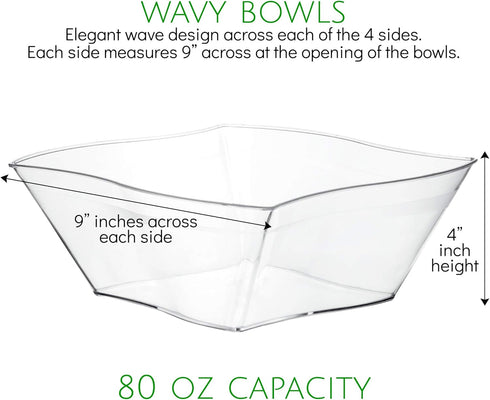 PLASTICPRO Disposable Elegant Wave Design Square Plastic Clear Serving Bowls Large Size, Heavy Duty, for Party's Snack or Salad Bowl, Pack of 4 by PLASTICPRO