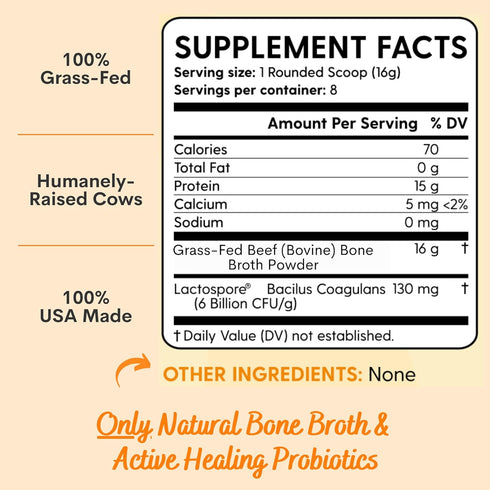 100% Grass-Fed Organic Beef Bone Broth Protein Powder, 15g Protein, Collagen Peptide Rich, Non-GMO, Low Sodium