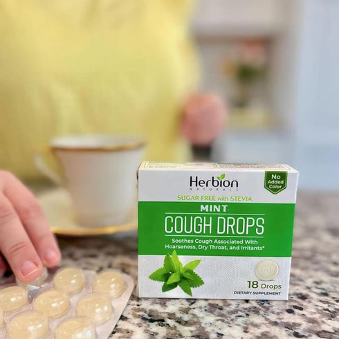 HERBION Naturals Cough Drops, Sugar Free with Stevia, Dietary Supplement, Soothes Cough, 18 Count, Mint