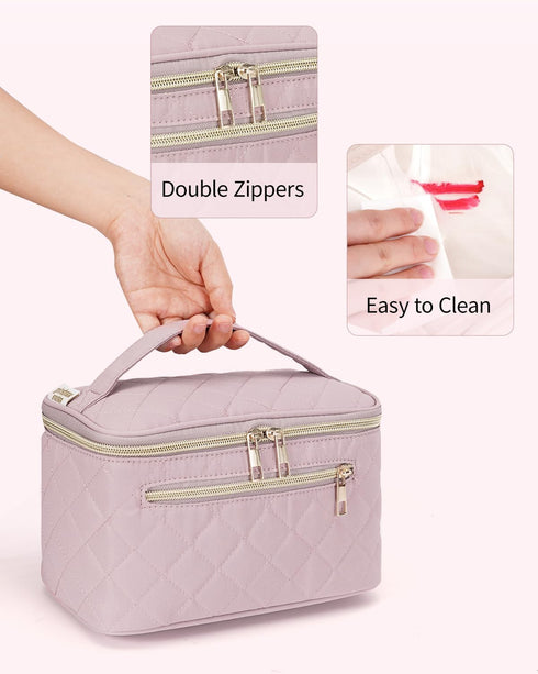 Makeup Bag, Travel Make Up Organizer, Cosmetic Brush Bags Case for Women in Quilted Fabric, Pink (Patent Pending)