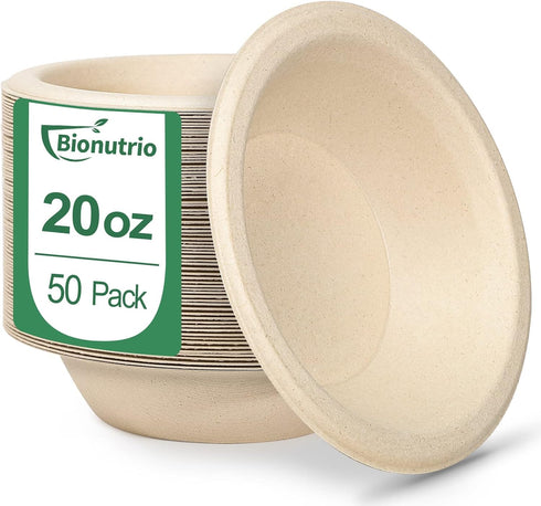 50 Pack Disposable Bowls, 20 oz Heavy Duty Paper Soup Bowls, Biodegradable Compostable for Salad, Ice Cream, Party