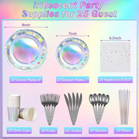 Iridescent Party Supplies Decorations, Holographic Paper Plates and Napkins Set, Disposable Iridescent Paper Plates Cups Knives Spoons Fork Straw for Mermaid Birthday Wedding Party, Serve 25 by FunnyPars