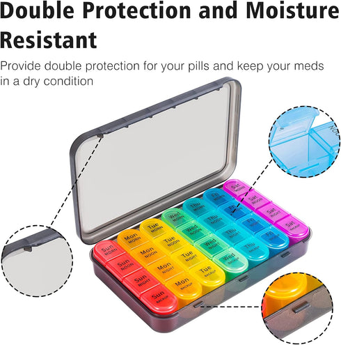 Daviky Pill Organizer 4 Times a Day, 7 Day Pill Box, Large Weekly Medicine Organizer for Travel with Removable