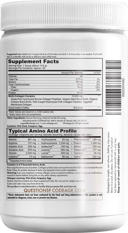 Codeage Multi Collagen Peptides Protein Powder - 14.39oz - Chocolate Mocha Instant Coffee, Low Calories Drink & Shake
