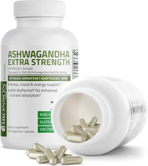Bronson Ashwagandha Extra Strength Stress & Mood Support | 250 Vegetarian Capsules