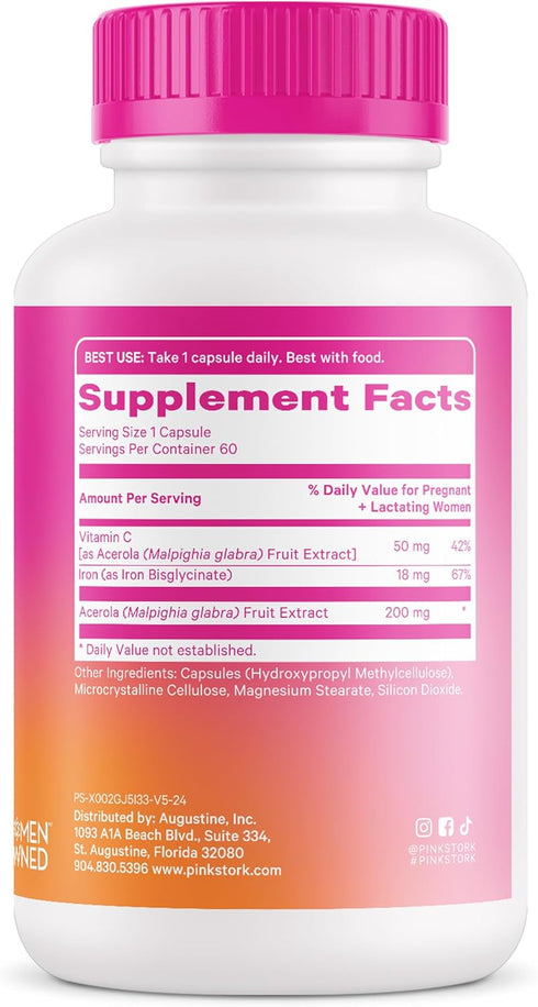 Pink Stork Prenatal Iron Supplement for Women, 18 mg Non-Constipating Iron & Vitamin C for Pregnancy, Postpartum, &